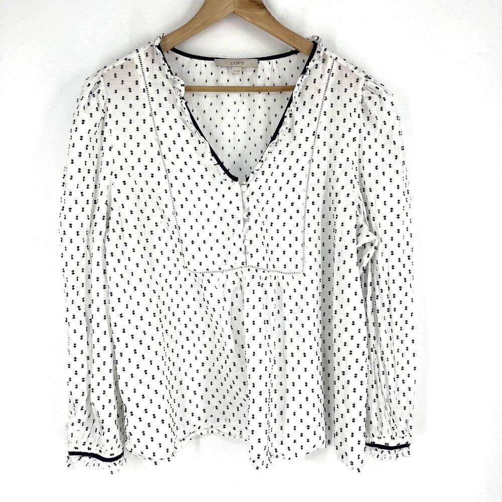 Loft Top Size XL Navy White Swiss Dot Shirt Popover Clip Ruffle Bib Blouse